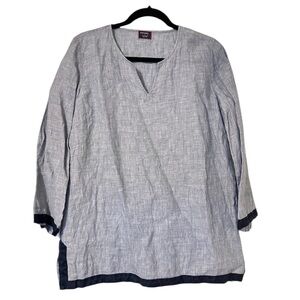 UNTUCKit Linen Chambray Contrast Trim Tunic Top Womens 10 Long Sleeve Blue
